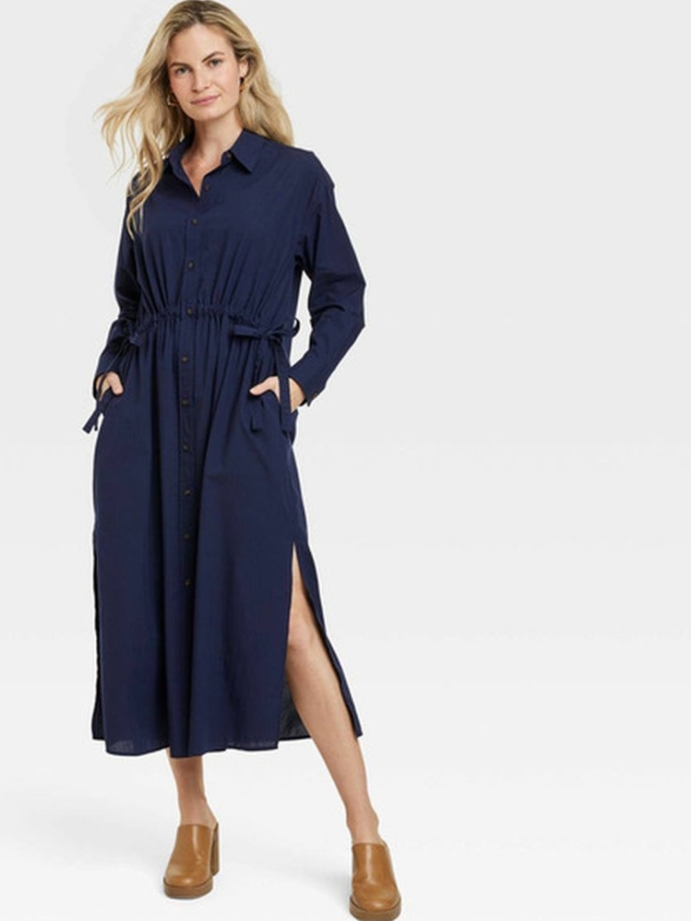 Universal Thread Navy Button-Front Cinch-Waist Maxi Dress